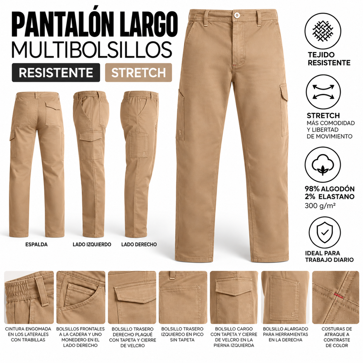 Pantalón de Trabajo Multibolsillos Stretch – Desde 5 Uds